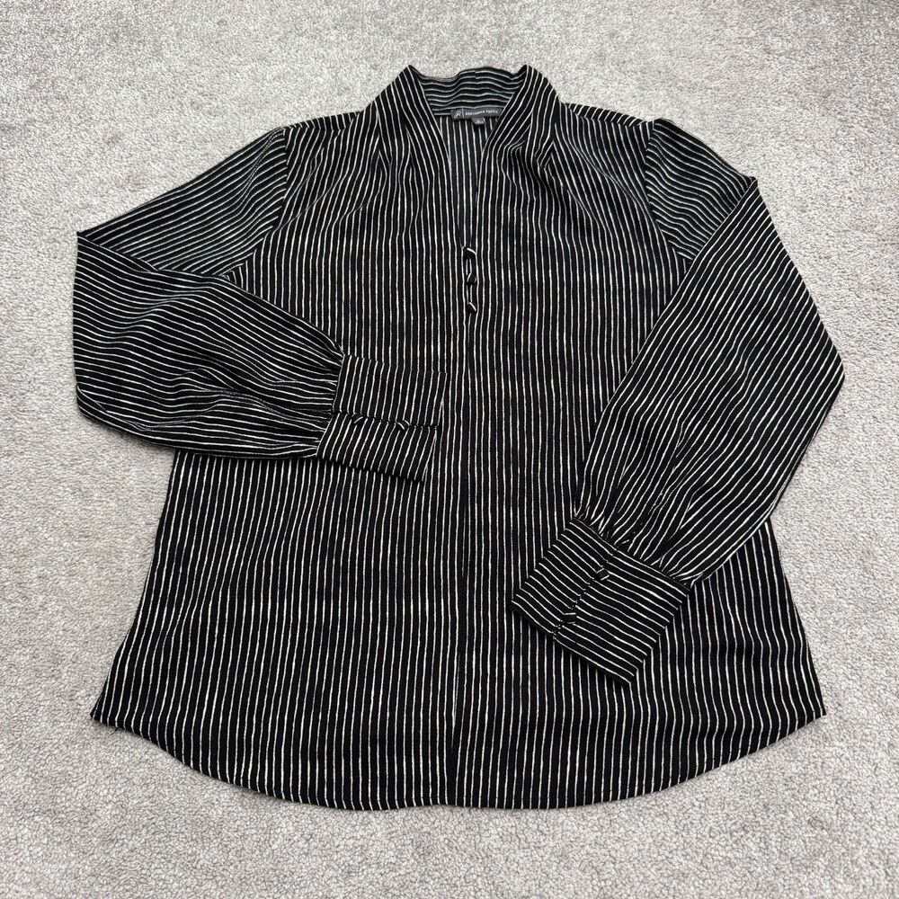 Adrianna Papell Textured V-Neck Blouse Womens Medium Black White Striped Top